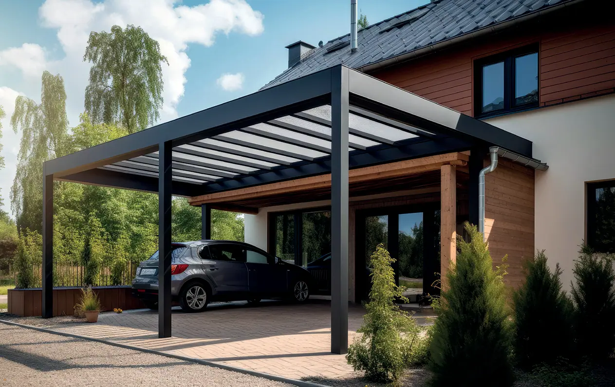 Antracytowy carport bez ścian przy domu z drewnianą elewacją, od spodu jasne panele dachu, pod dachem szary samochód, przed wjazdem kostka brukowa