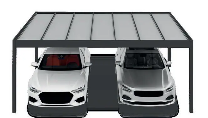 Rysunek: carport na dwa auta od frontu, dwa białe samochody pod płaskim dachem