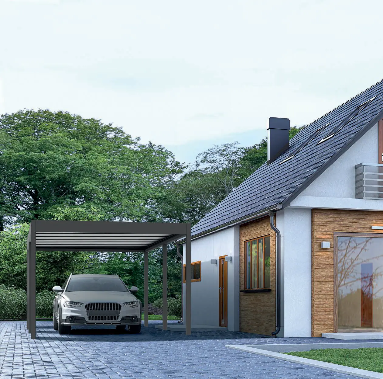 Antracytowy carport na jedno auto obok domu z dachem dwuspadowym, pod dachem srebrne kombi, od spodu widać jasne panele dachu