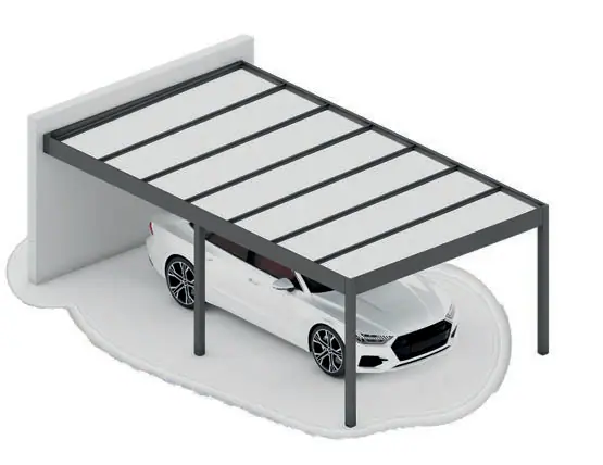 Rysunek: carport na jedno auto przy ścianie, pod dachem biały samochód