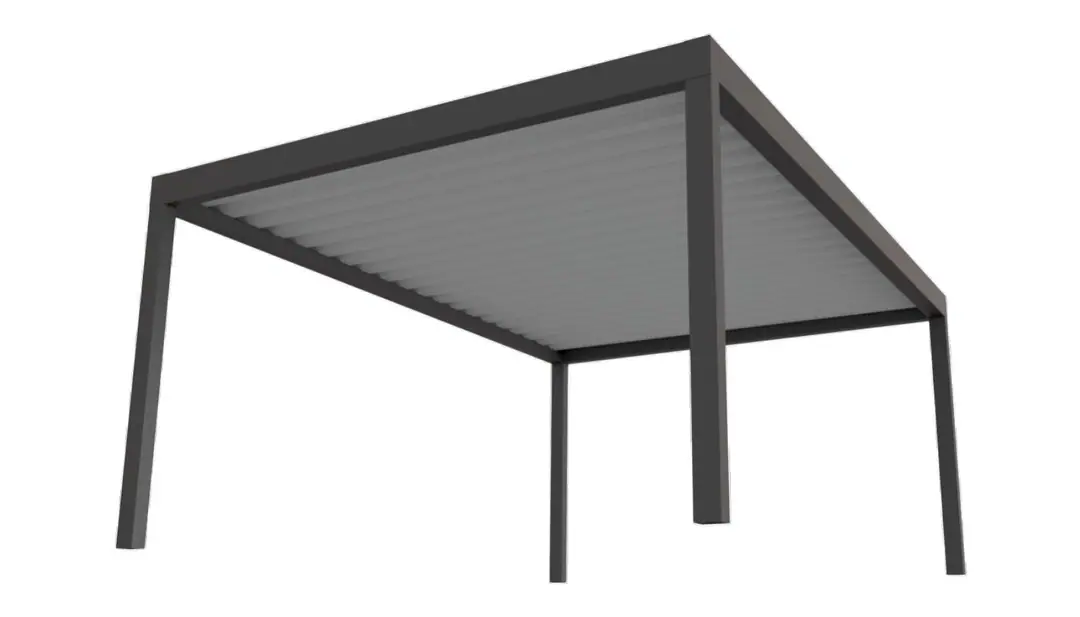 Carport w kolorze antracytowym na czterech słupkach, widok od spodu na blachę trapezową (wizualizacja)