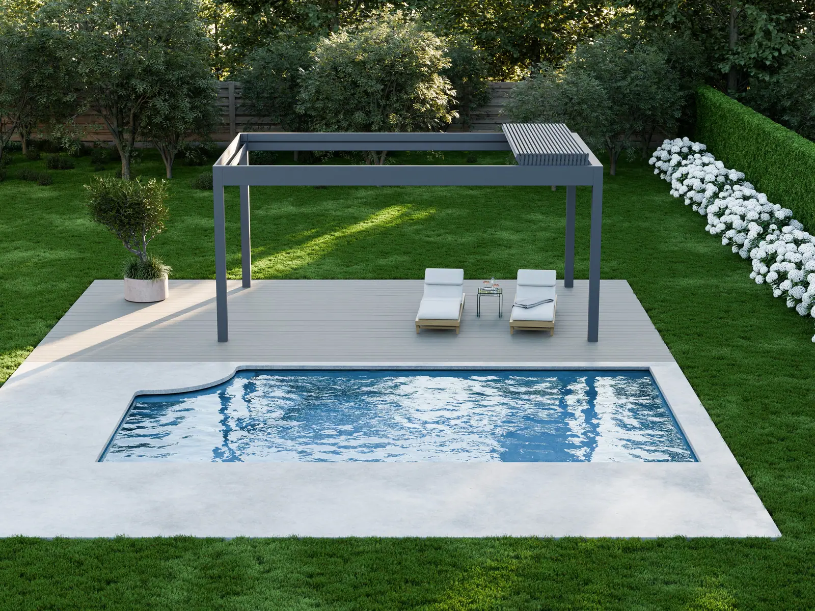Pergola Deluxe w kolorze antracytowym z góry: rama na czterech słupkach nad tarasem z leżakami, lamele złożone w pakiet, obok basen