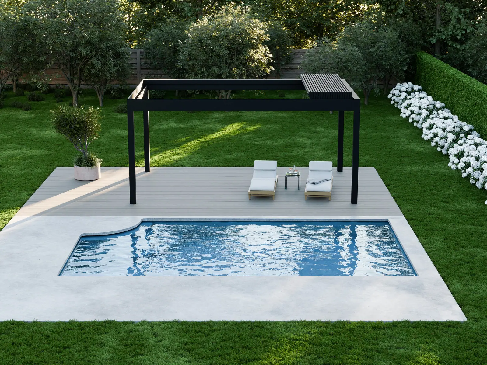 Pergola Deluxe Plus w kolorze czarnym z góry: rama na czterech słupkach nad tarasem z leżakami, lamele złożone w pakiet, obok basen