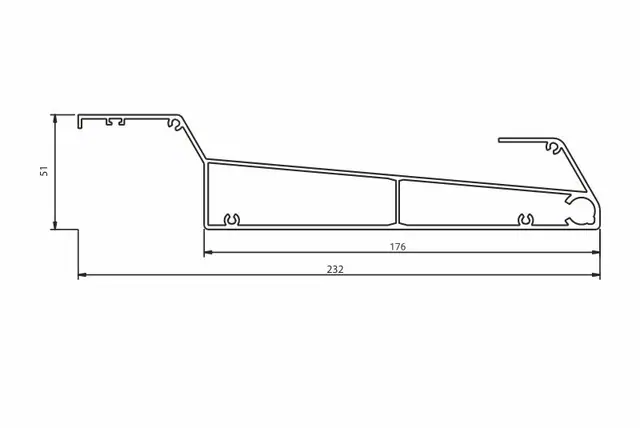 Rysunek przekroju lameli komorowej: wysokość 51 mm, szerokość 232 mm, część komorowa 176 mm
