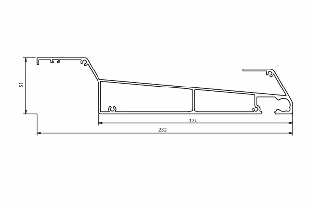 Rysunek przekroju lameli w wersji z oświetleniem LED, 51 × 232 mm