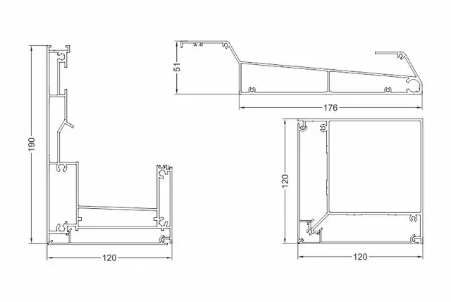Rysunek przekrojów profili pergoli: rama 190 × 120 mm, lamela komorowa i słupek 120 × 120 mm